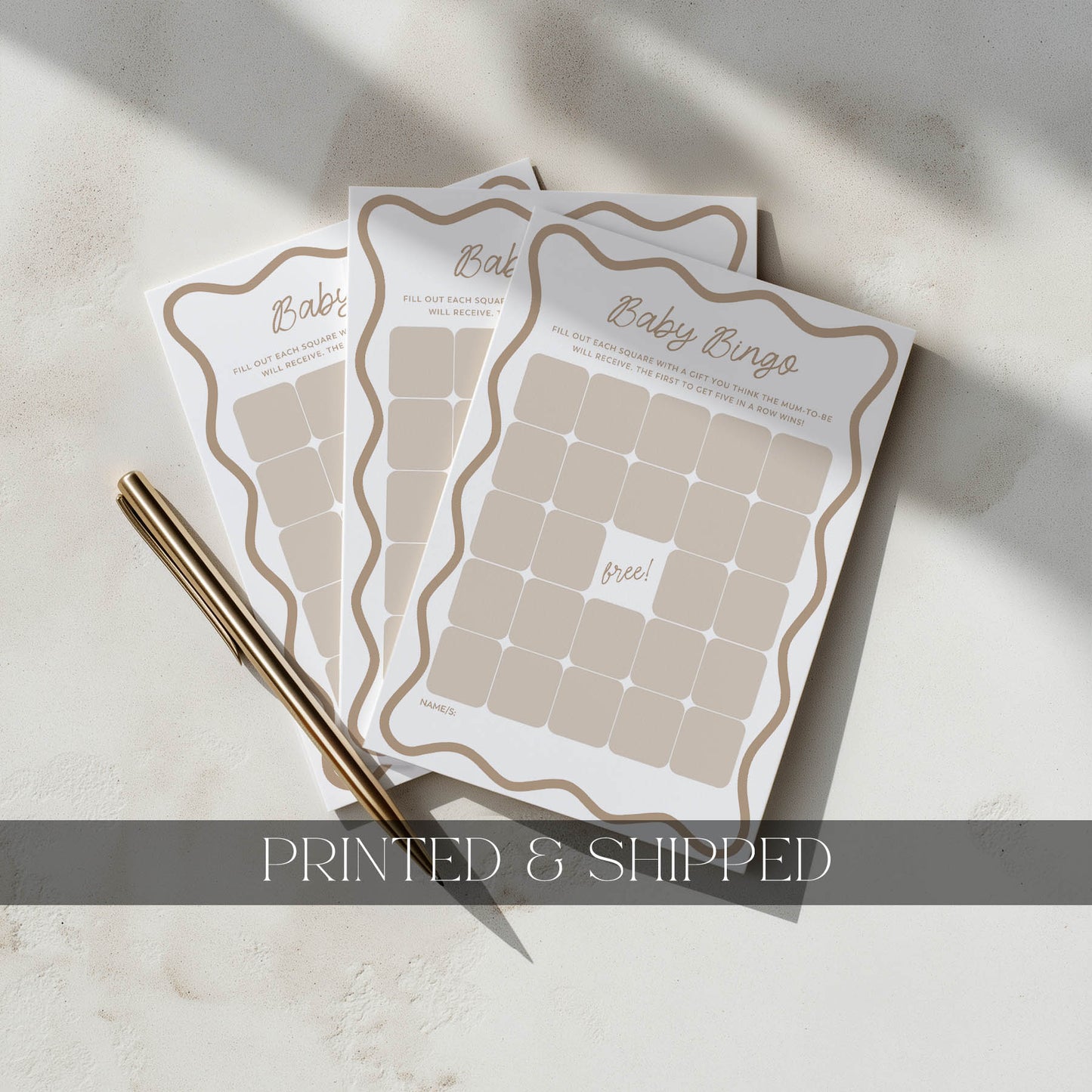 Printed Baby Bingo – Beige Wavy | Baby Shower Games Australia