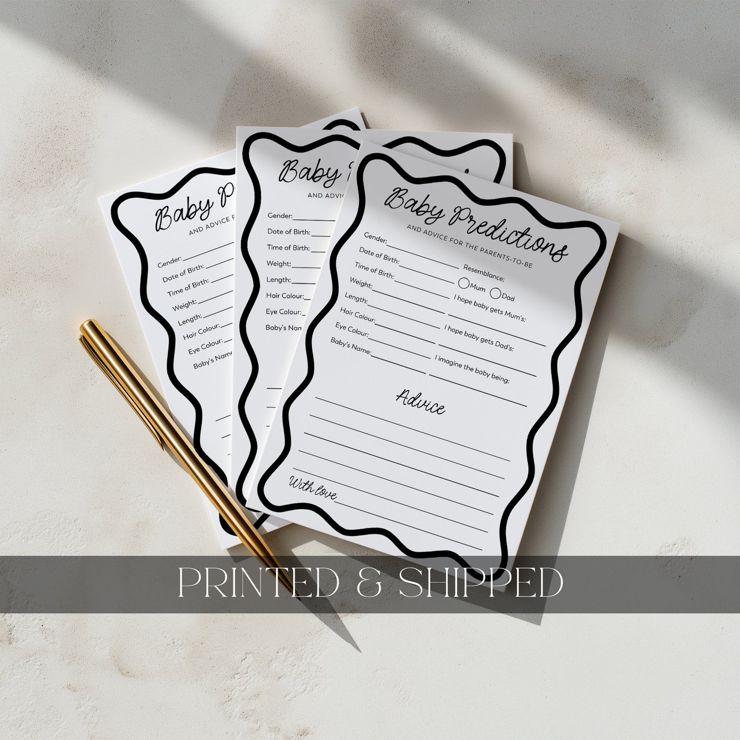 Printed Baby Shower Predictions & Advice Game – Black Wavy | Baby Shower Games Australia