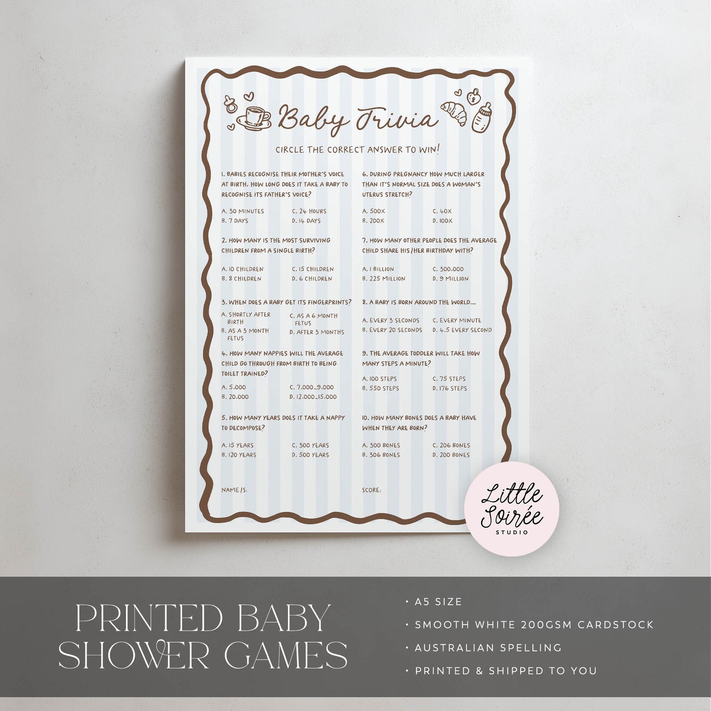 Printed Baby Trivia – Cafe Bebe Blue Paris | Baby Shower Games Australia