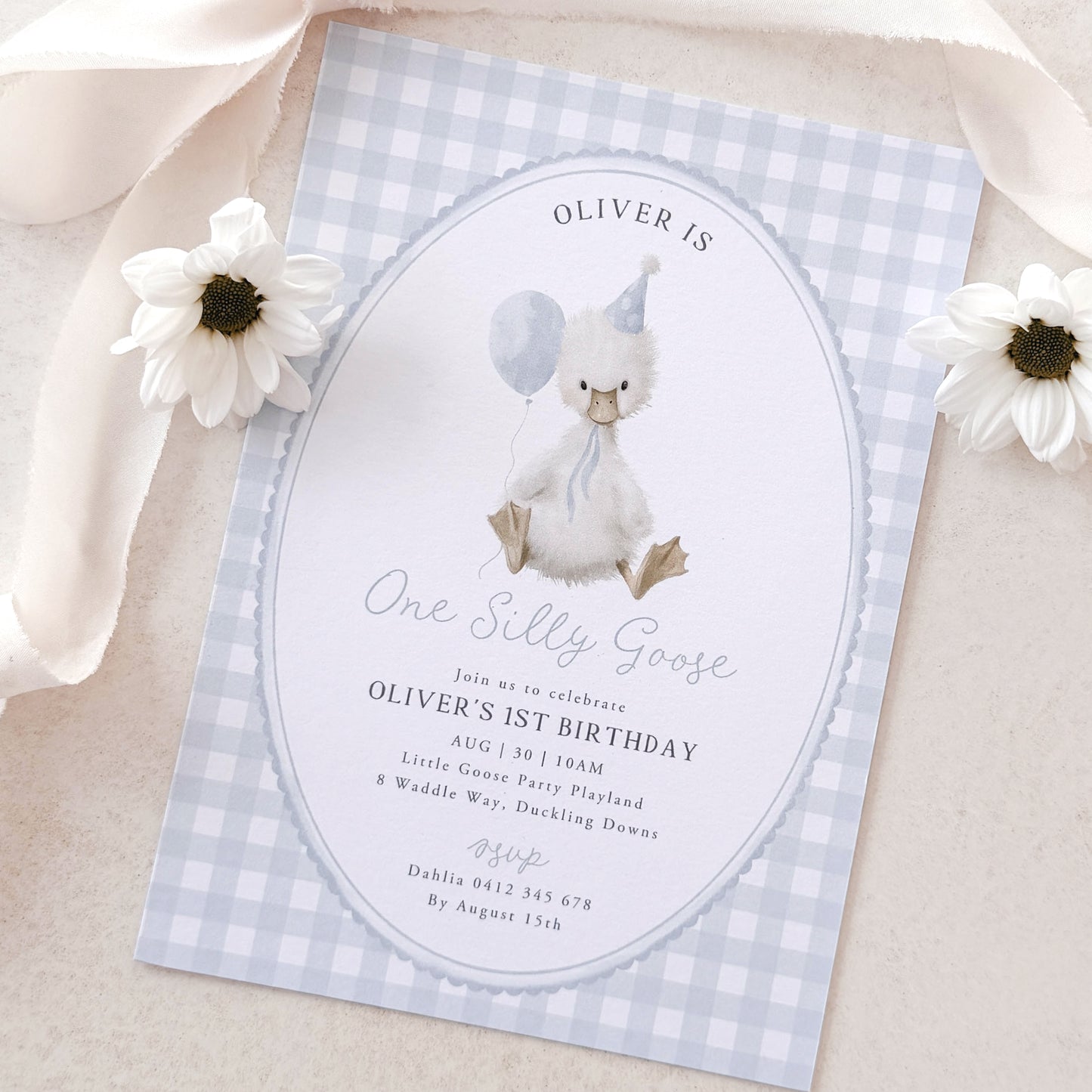 first birthday Invitation card with a goose illustration on a checkered background