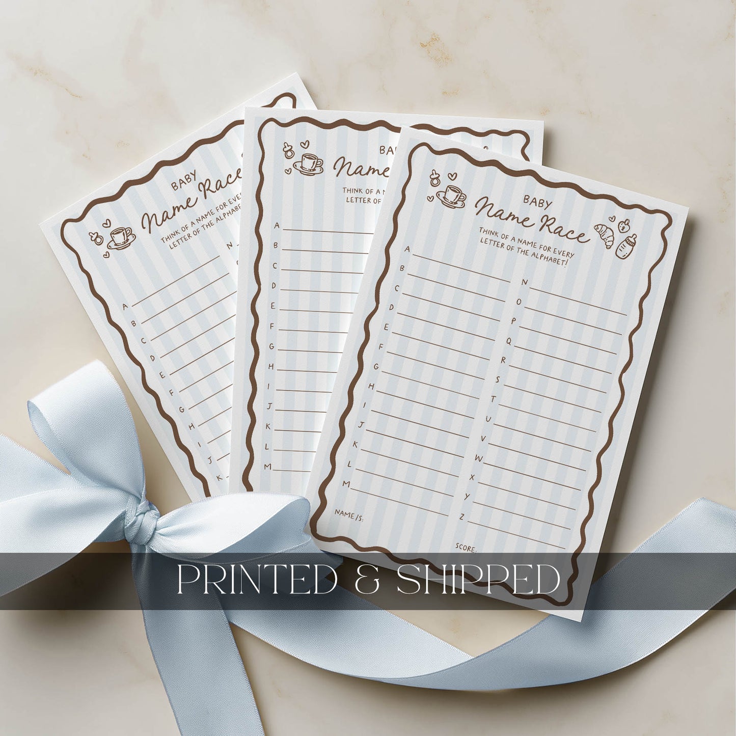 Printed Baby Name Race – Cafe Bebe Blue | Baby Shower Games Australia