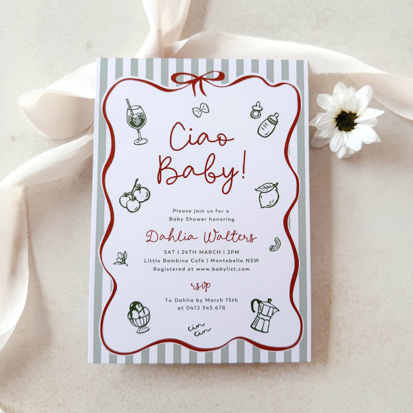 Baby shower invitation with 'Ciao Baby!' text on a striped background