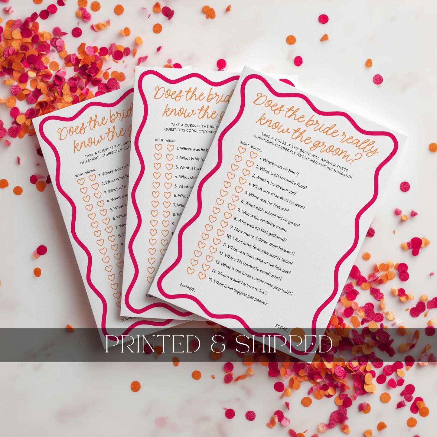 Three printed questionnaires on a surface with colorful confetti