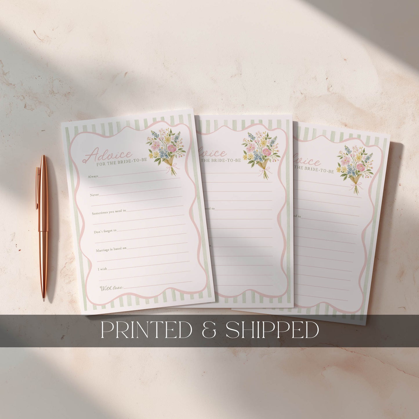 Three floral notepads with a pen on a light surface, labeled 'Printed & Shipped'.