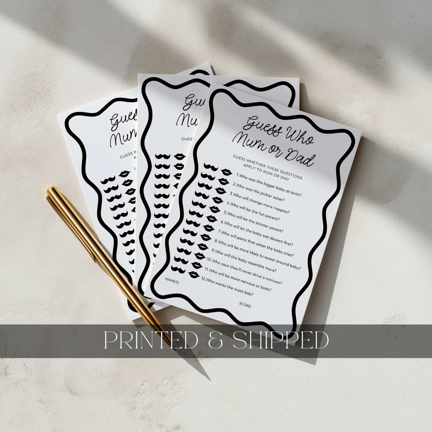 Two printed baby shower games cards with text and questionnaires on a light surface. Guess who mum or dad game in black wavy design