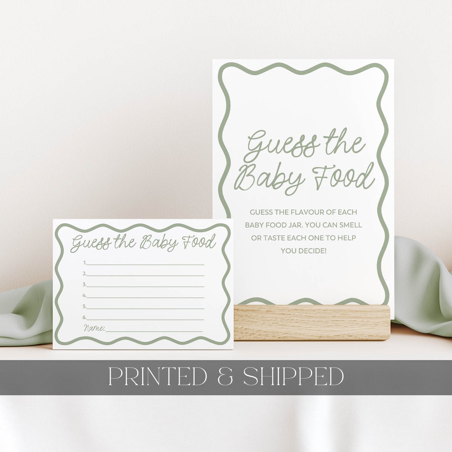 Guess the baby food game cards on a white surface with text 'Printed & Shipped'.
