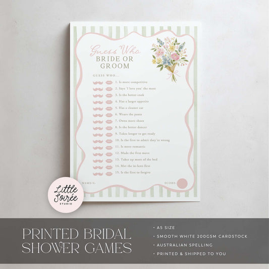 Bridal shower game sheet titled 'Guess Who, Bride or Groom' with floral design on a gray background.