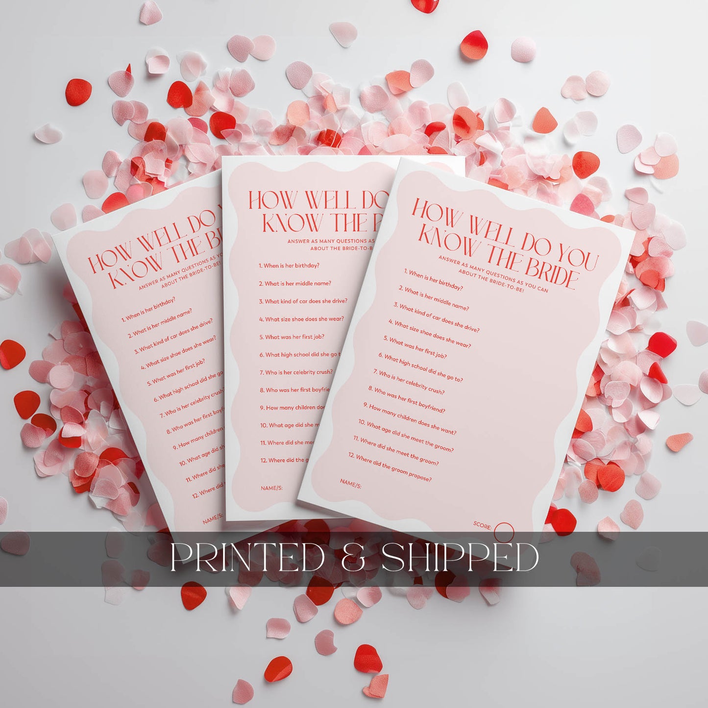 Printed How Well Do You Know the Bride - Pink Red Wavy | Bridal Shower Games Australia