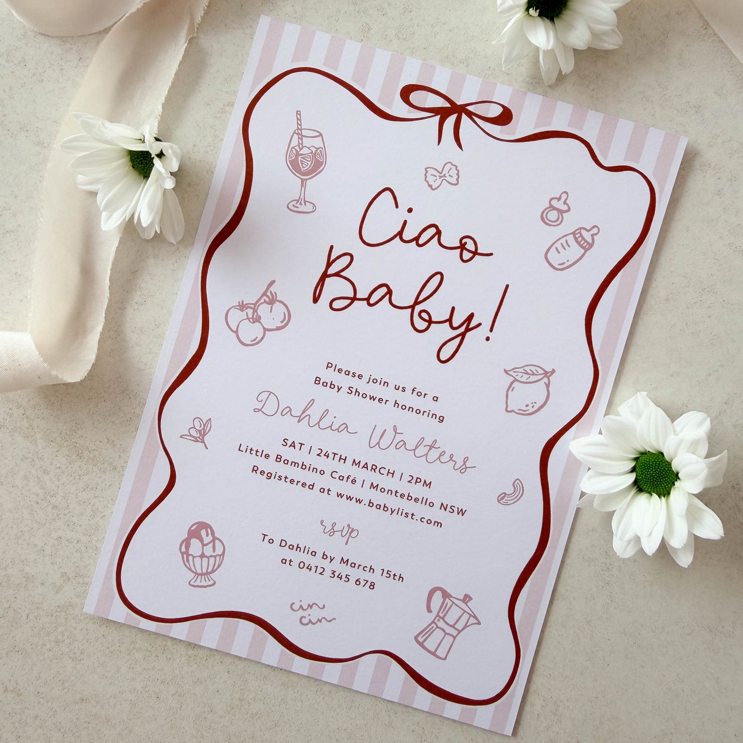 Ciao Baby Pink Baby Shower Invitation (Printed) – Italian Baby Shower Invite Australia