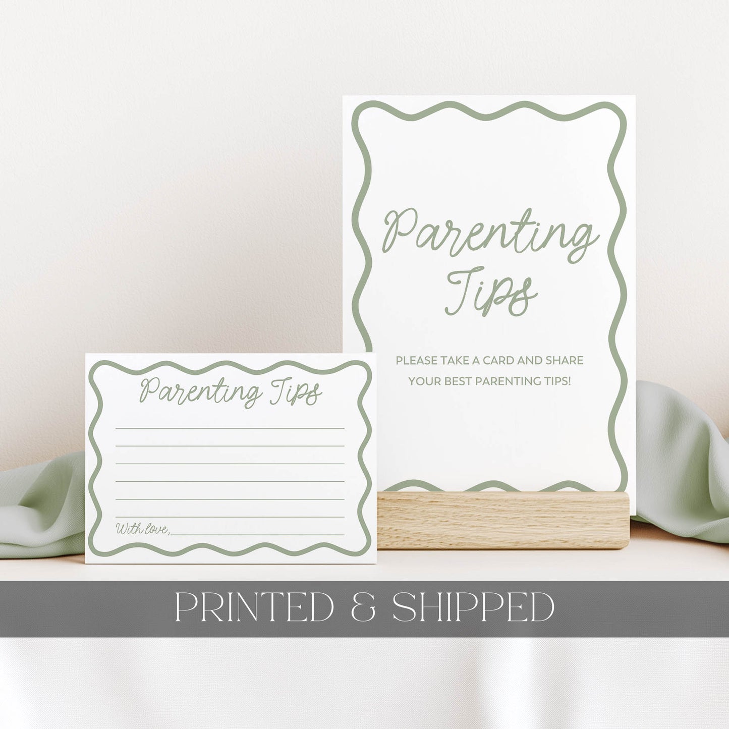 Two 'Parenting Tips' cards on a white surface with a neutral background.