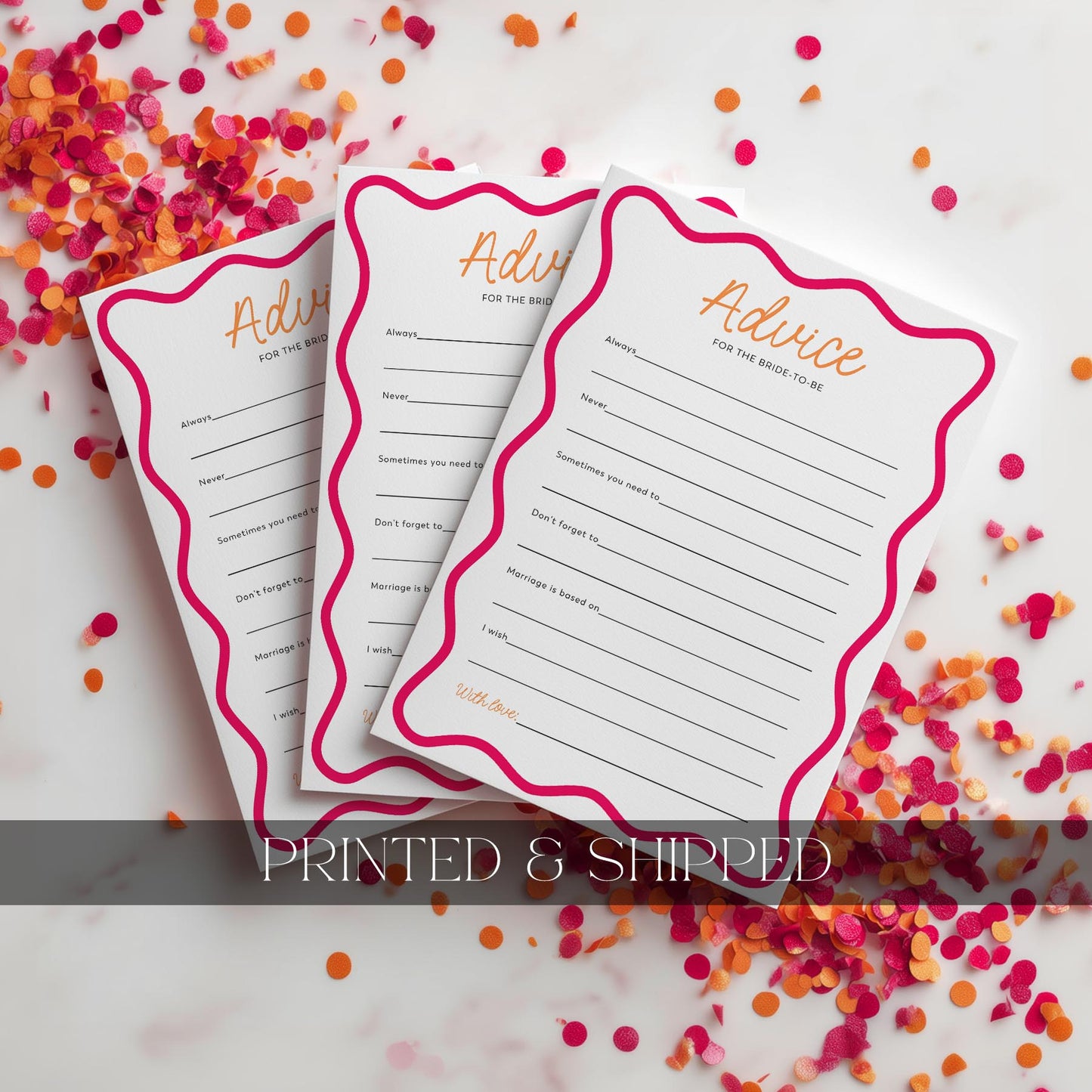 Three 'Advice' cards with pink borders on a confetti background