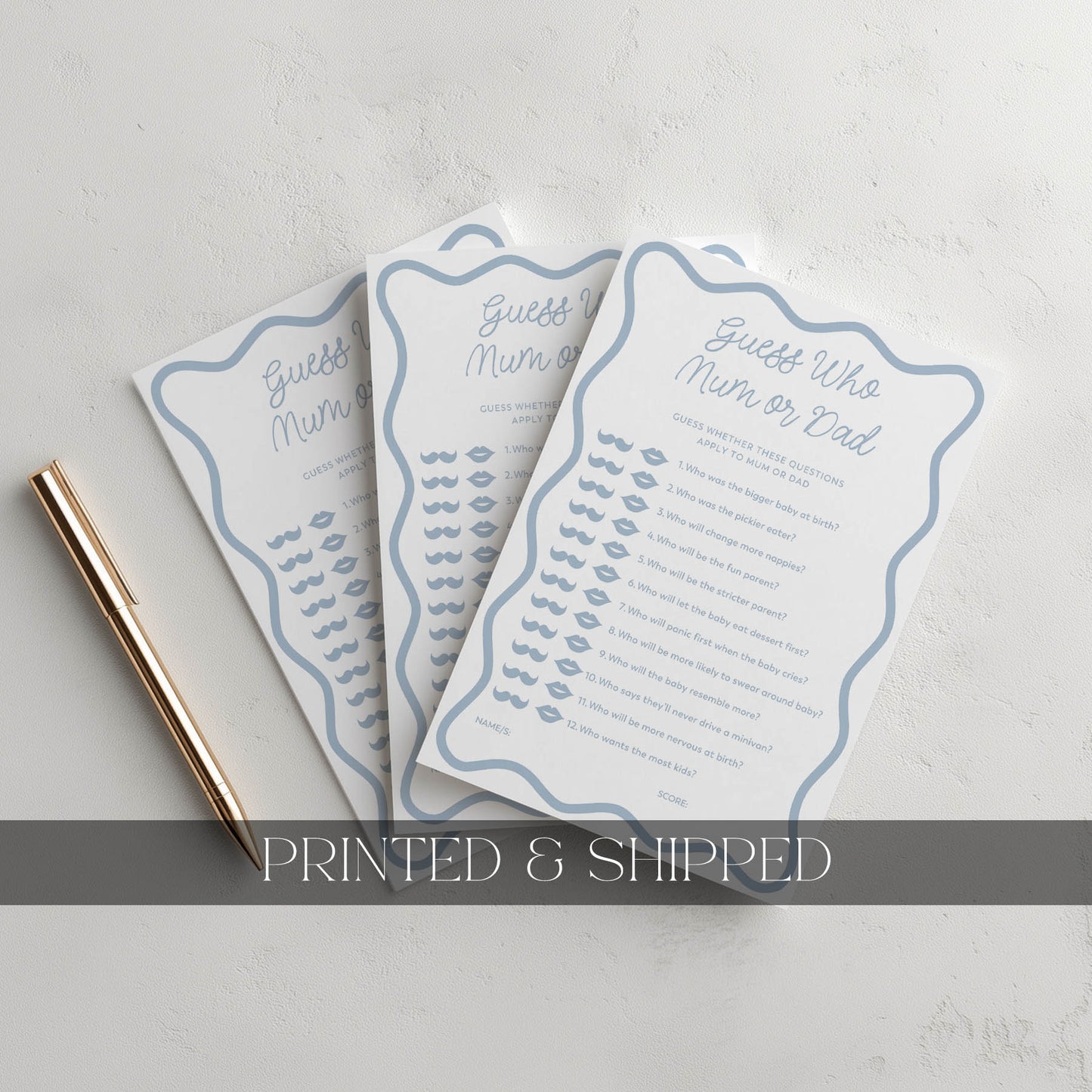Three printed cards with text and lip print design on a light gray background.