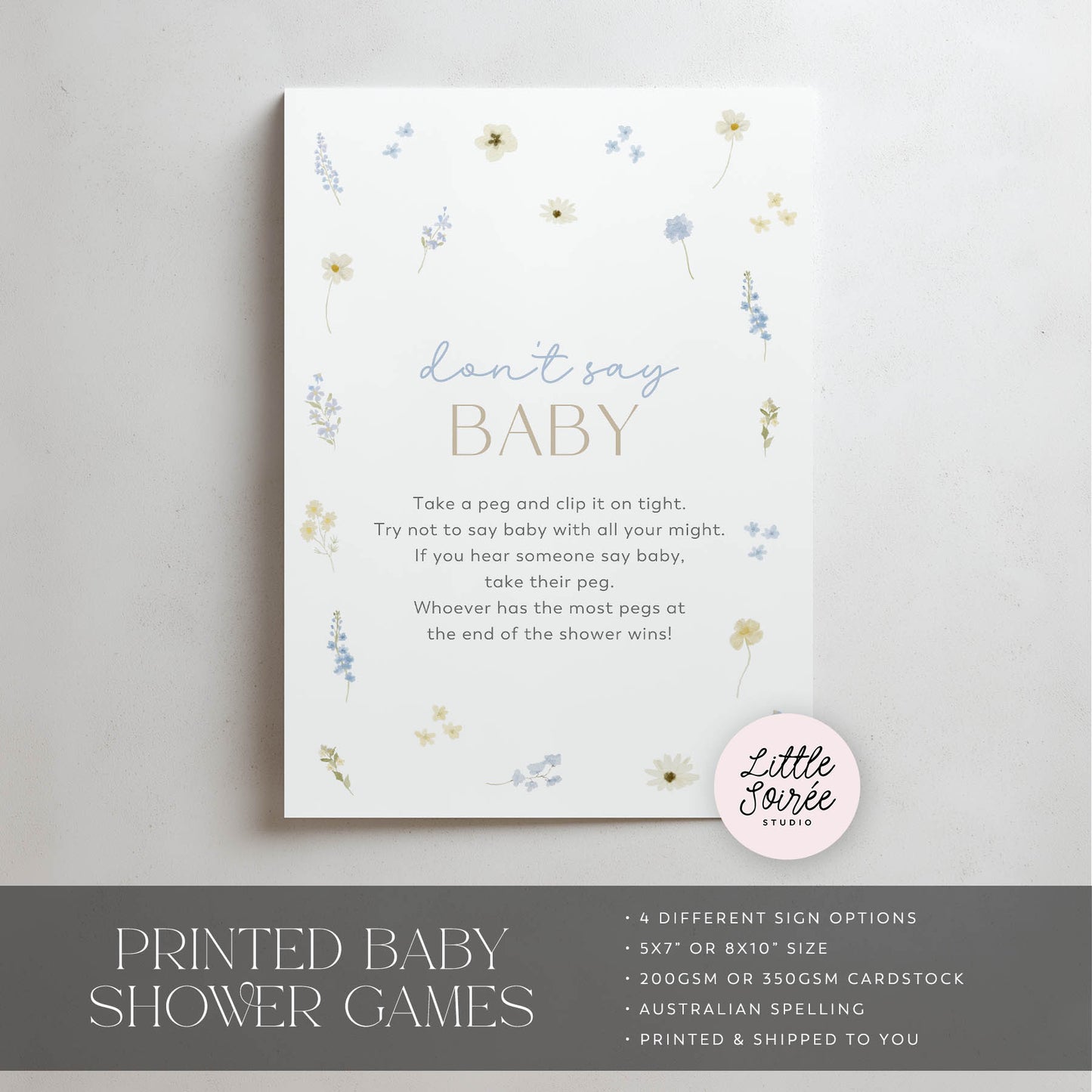 Printed Baby Shower Signs – Blue Wildflower | Baby Shower Games Australia