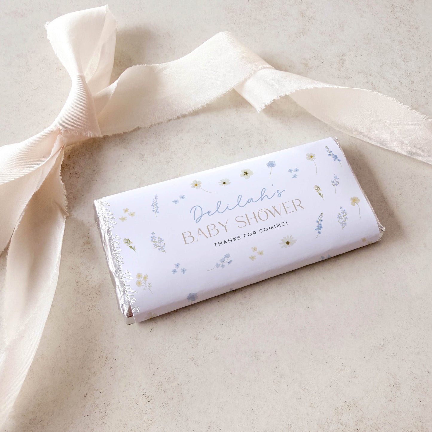 Printed Chocolate Bar Labels – Blue Wildflower | Baby Shower Favours Australia