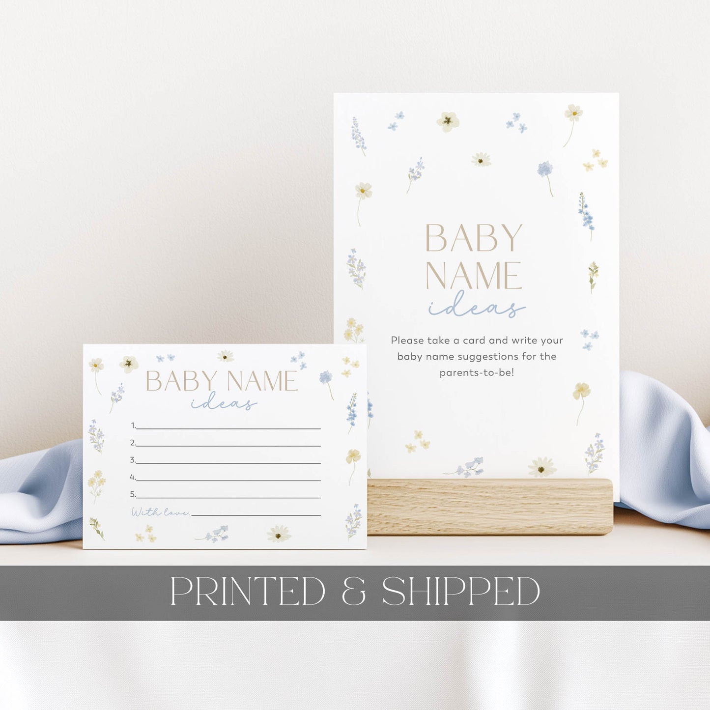 Baby name suggestion cards with floral design on a light background
