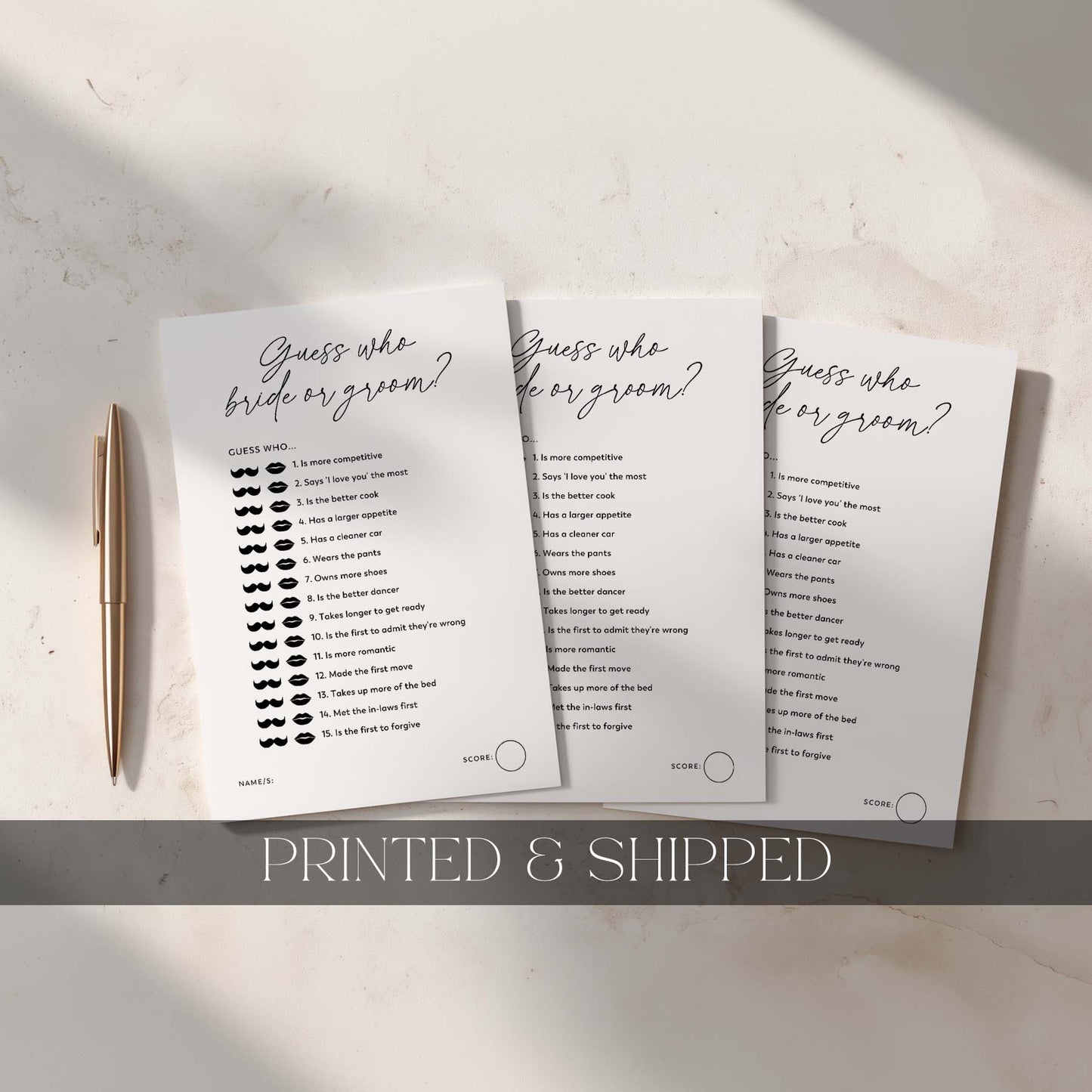 Three printed sheets with text and mustache illustrations on a light surface with a pen.