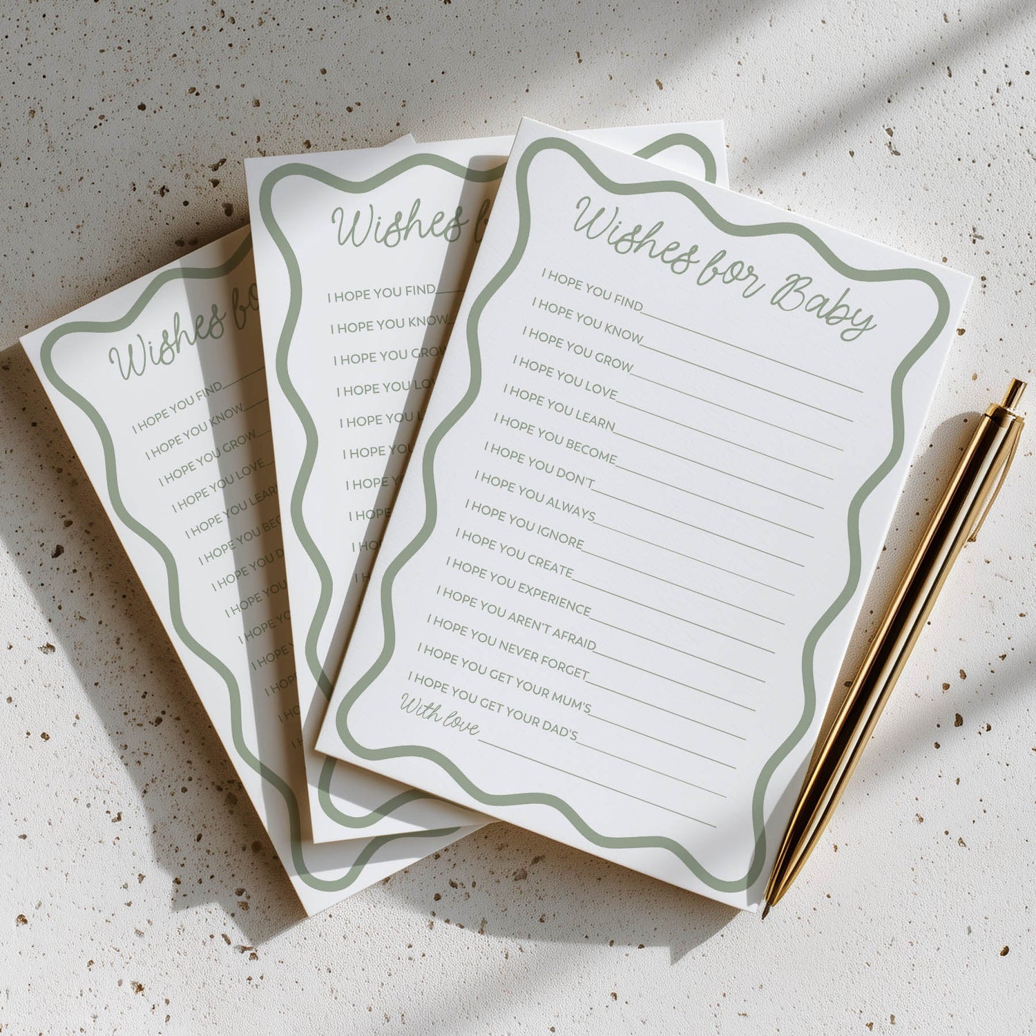 Sage Green wavy Wishes for Baby Printed card for Baby Shower