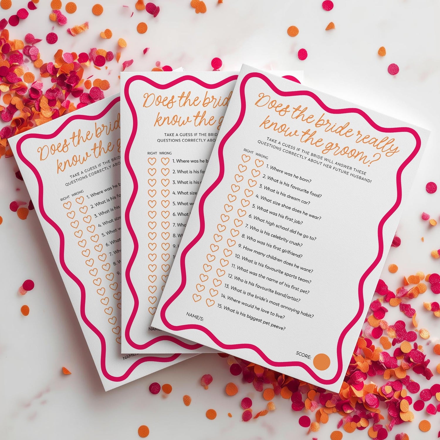 Pink orange Bridal Shower Game printed australia