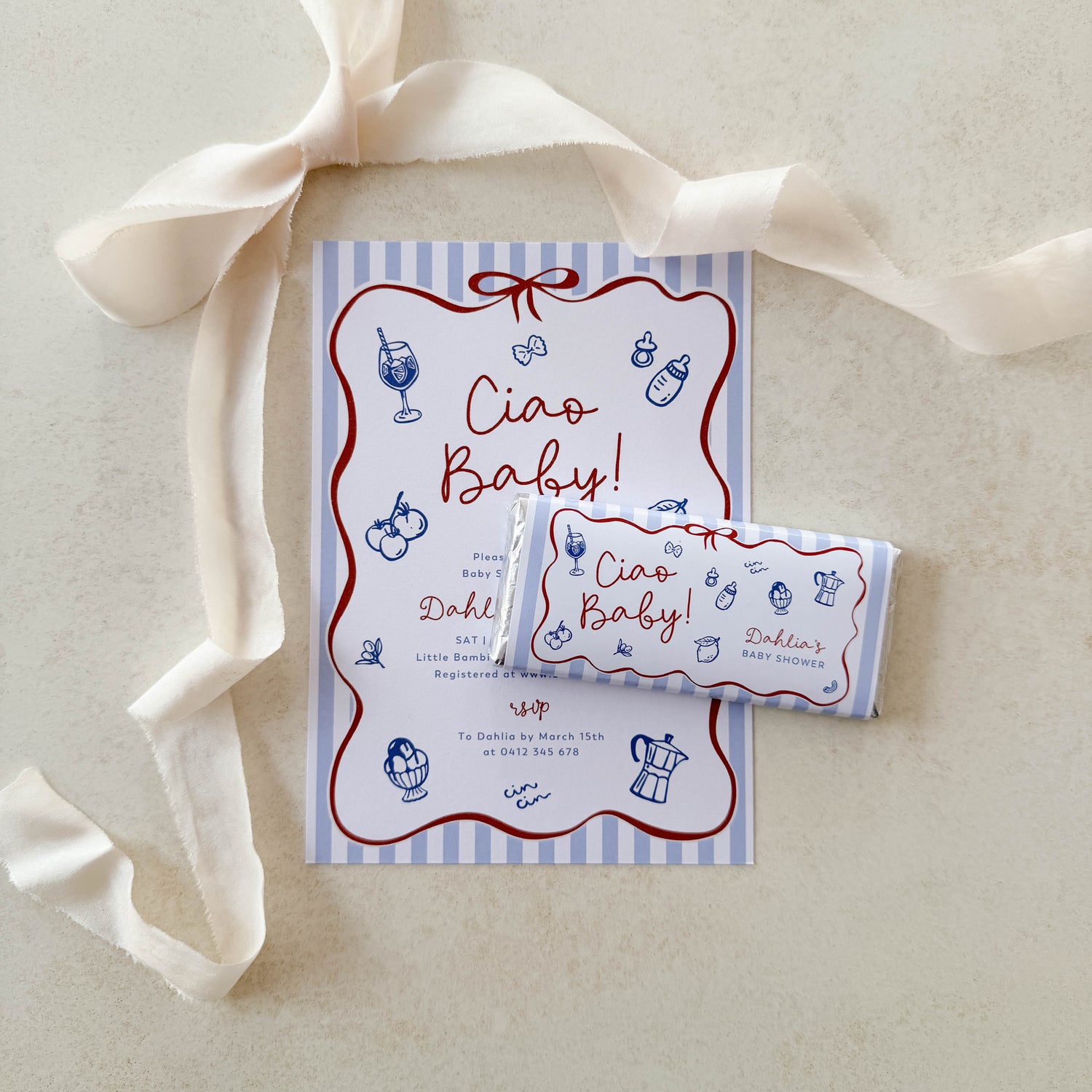 Ciao Baby Blue Invitation and Chocolate Label