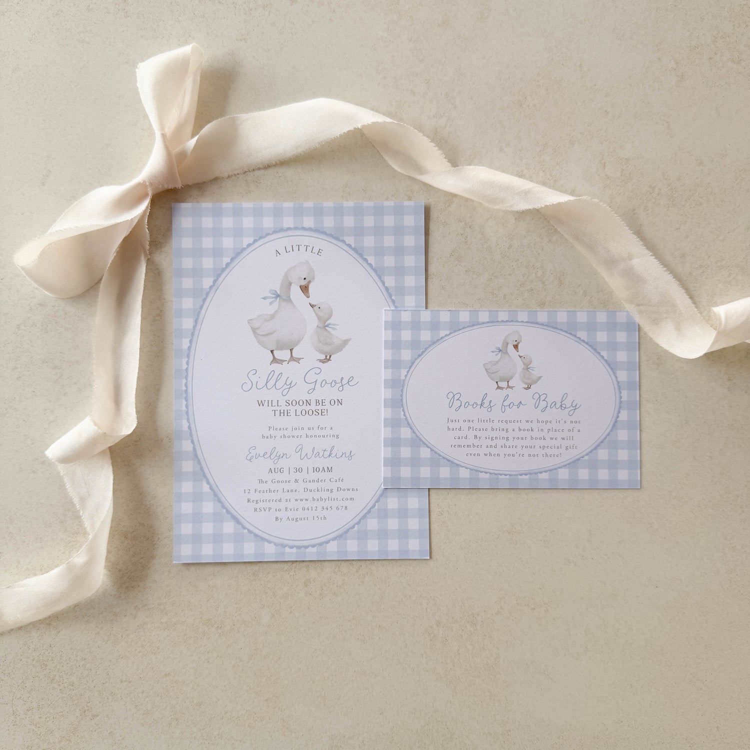 Silly Goose Baby Shower Invitation in Blue Gingham