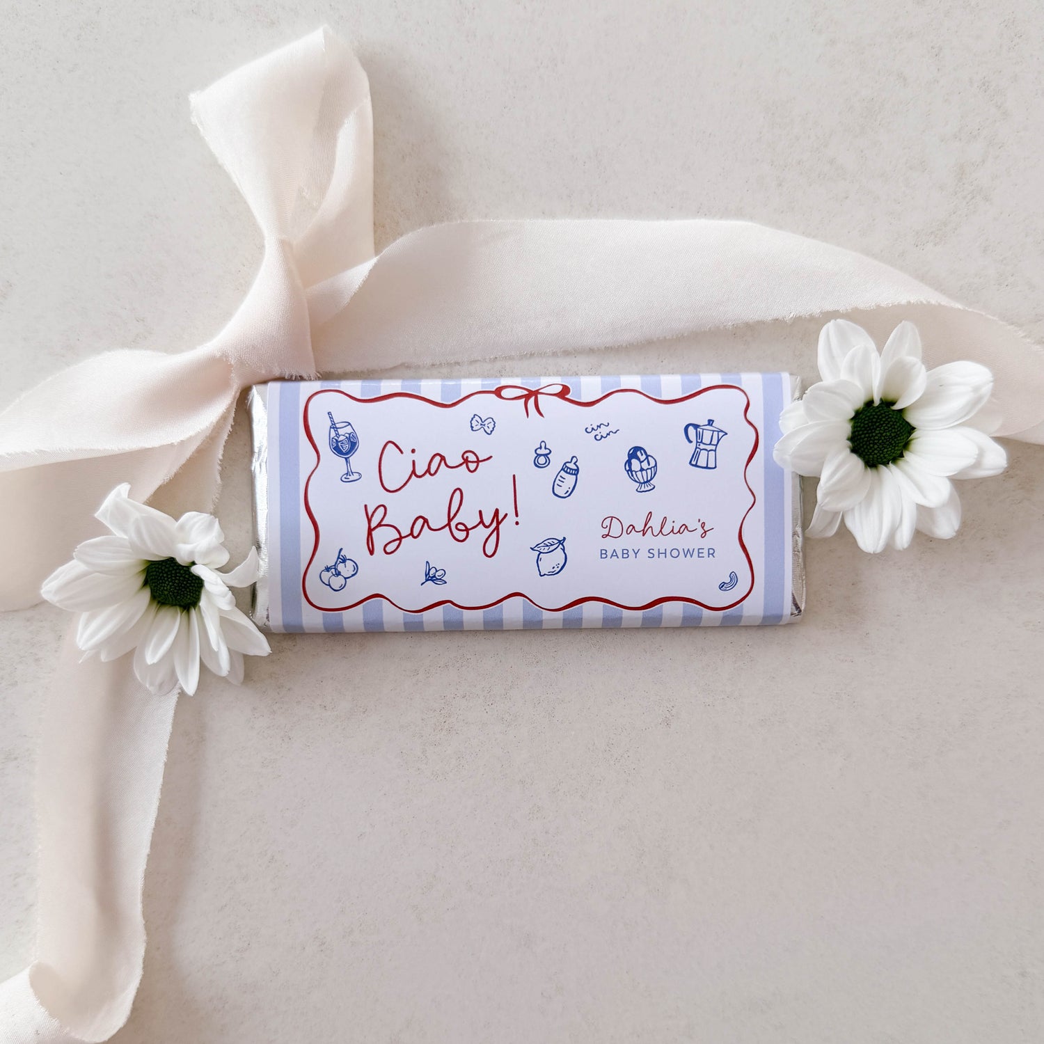 Ciao Baby Chocolate Bar Label in blue and red