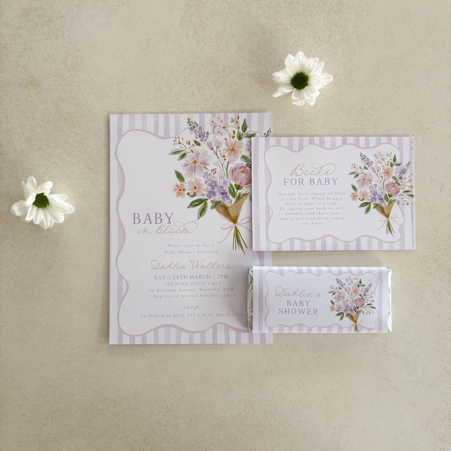 Baby In Bloom Invitation, Books for Baby Card and Chocolate favour