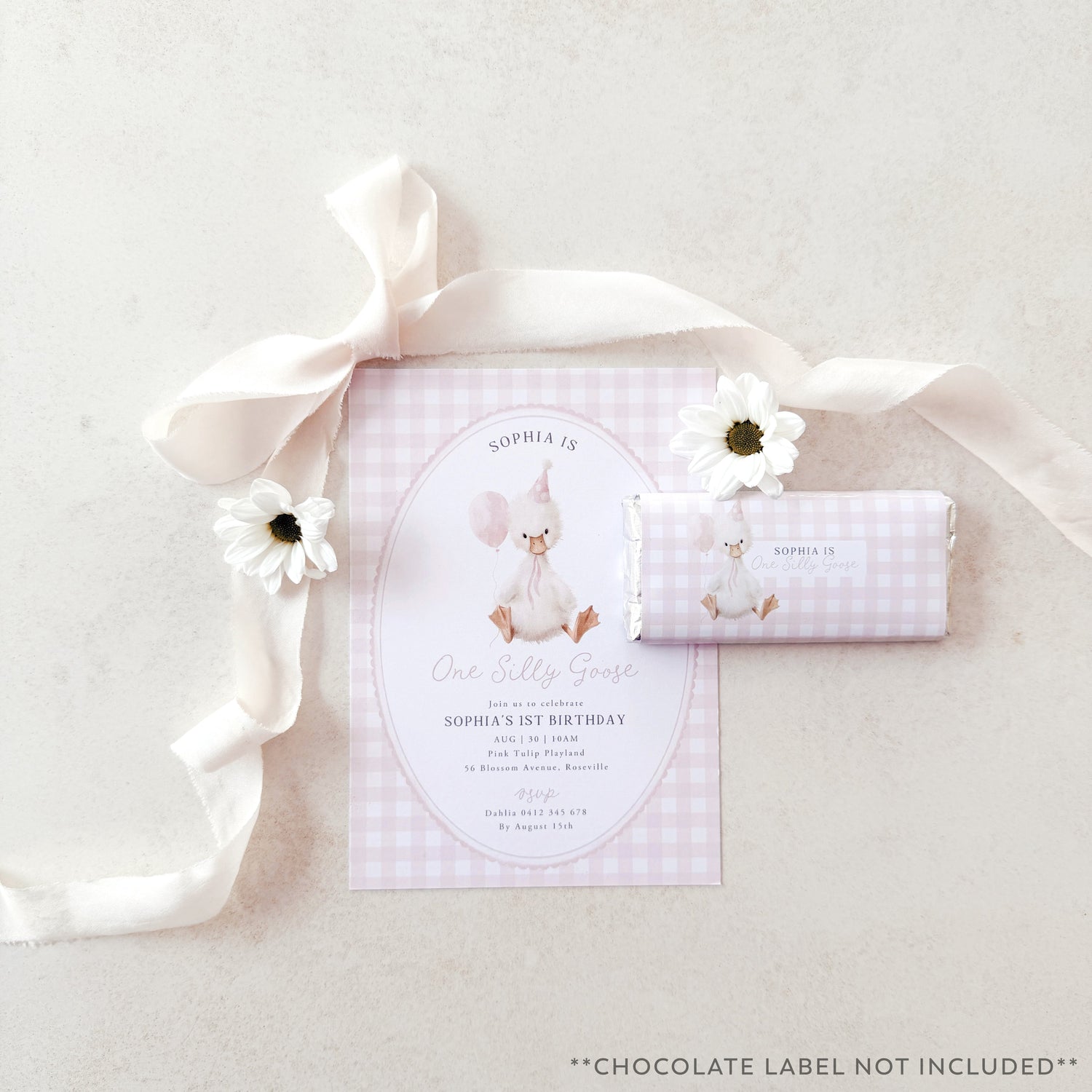 One Silly Goose Pink 1st birthday invitation and chocolate bar favour