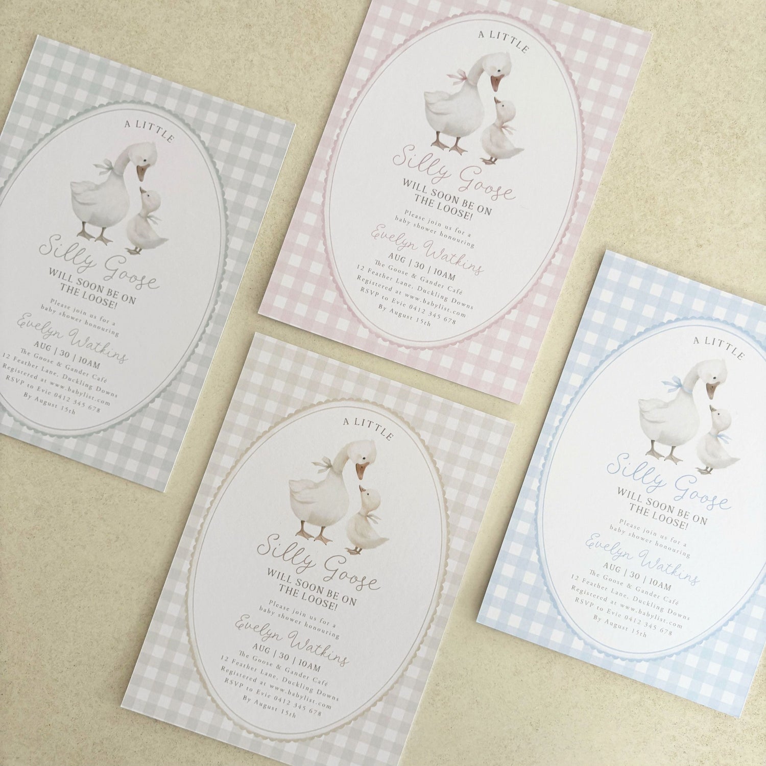 Silly Goose Baby Shower Invitations Printed in Australia in Blue, Green, Beige and Pink