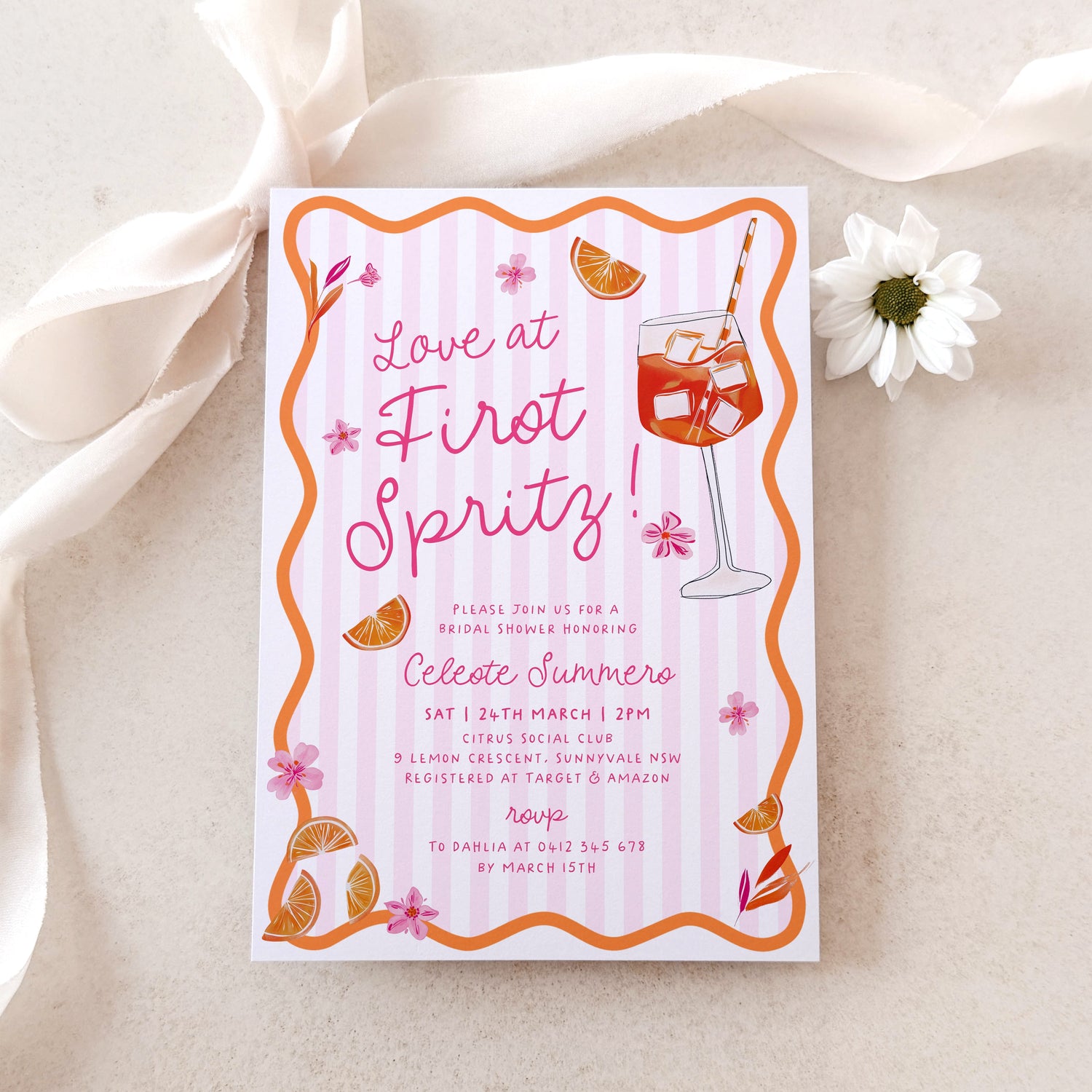 Love at First Spritz | Bridal Shower invitation in pink and orange