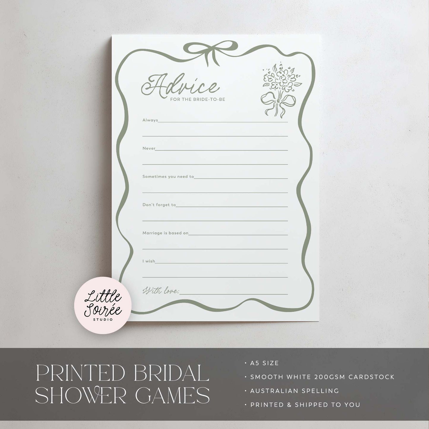 Printed Advice for the Bride - Sage Green Bow | Bridal Shower Games Australia