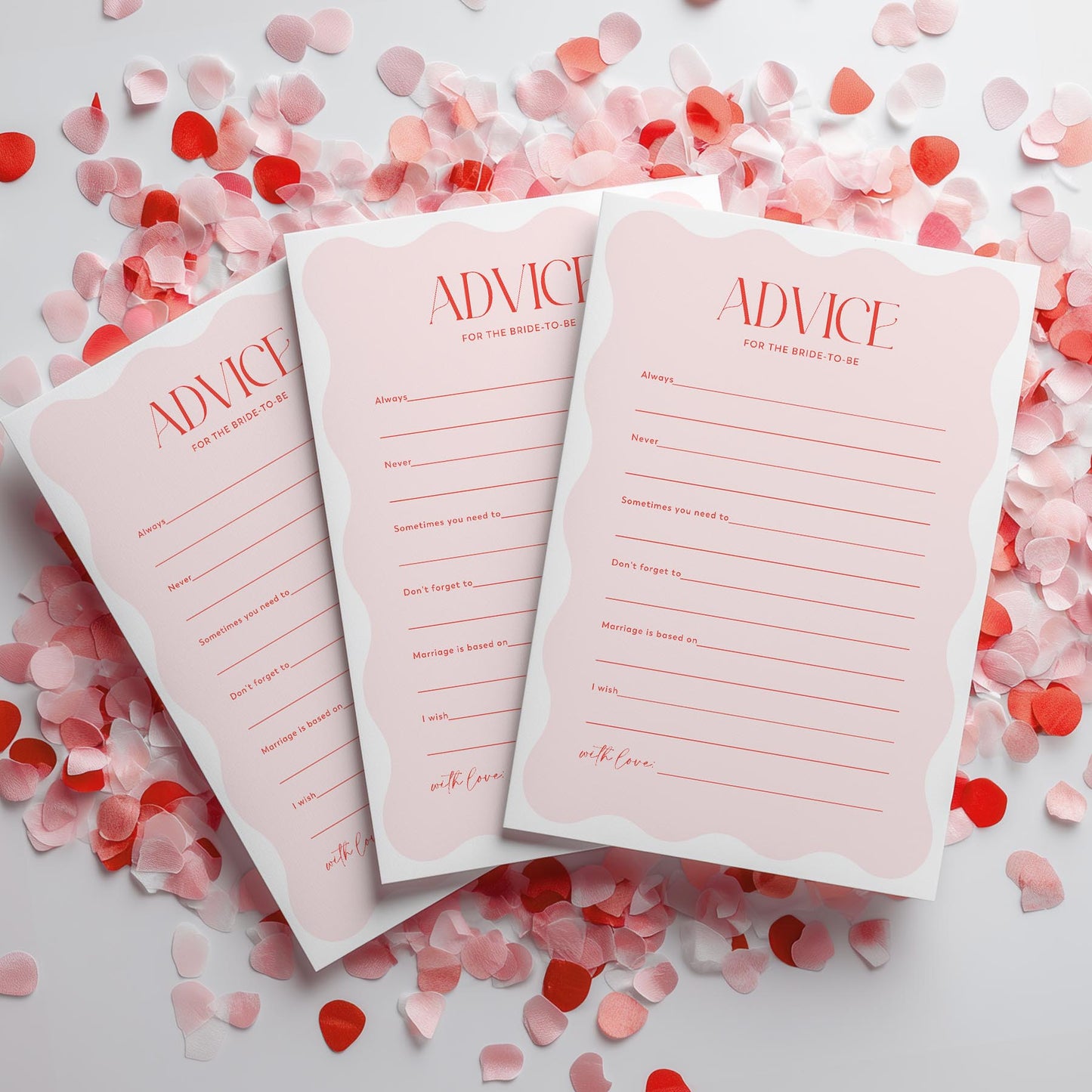 Three 'Advice for the Bride to Be' sheets on a surface with confetti