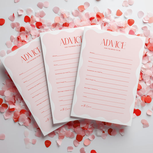 Three 'Advice for the Bride to Be' sheets on a surface with confetti