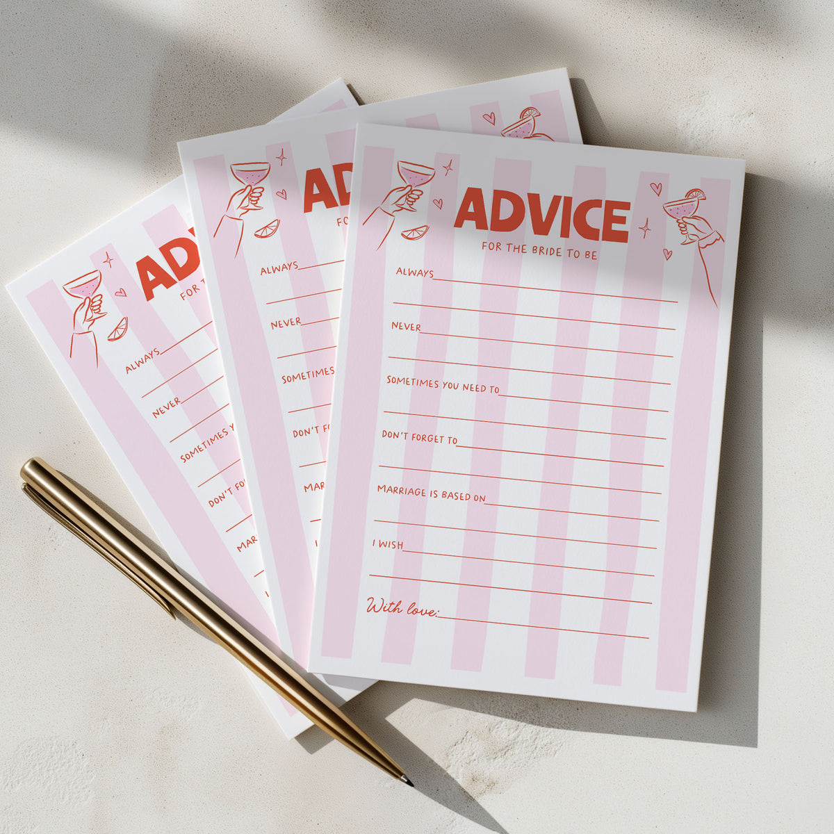 Printed Advice for the Bride - Cin Cin Pink and Red | Hens Party Games