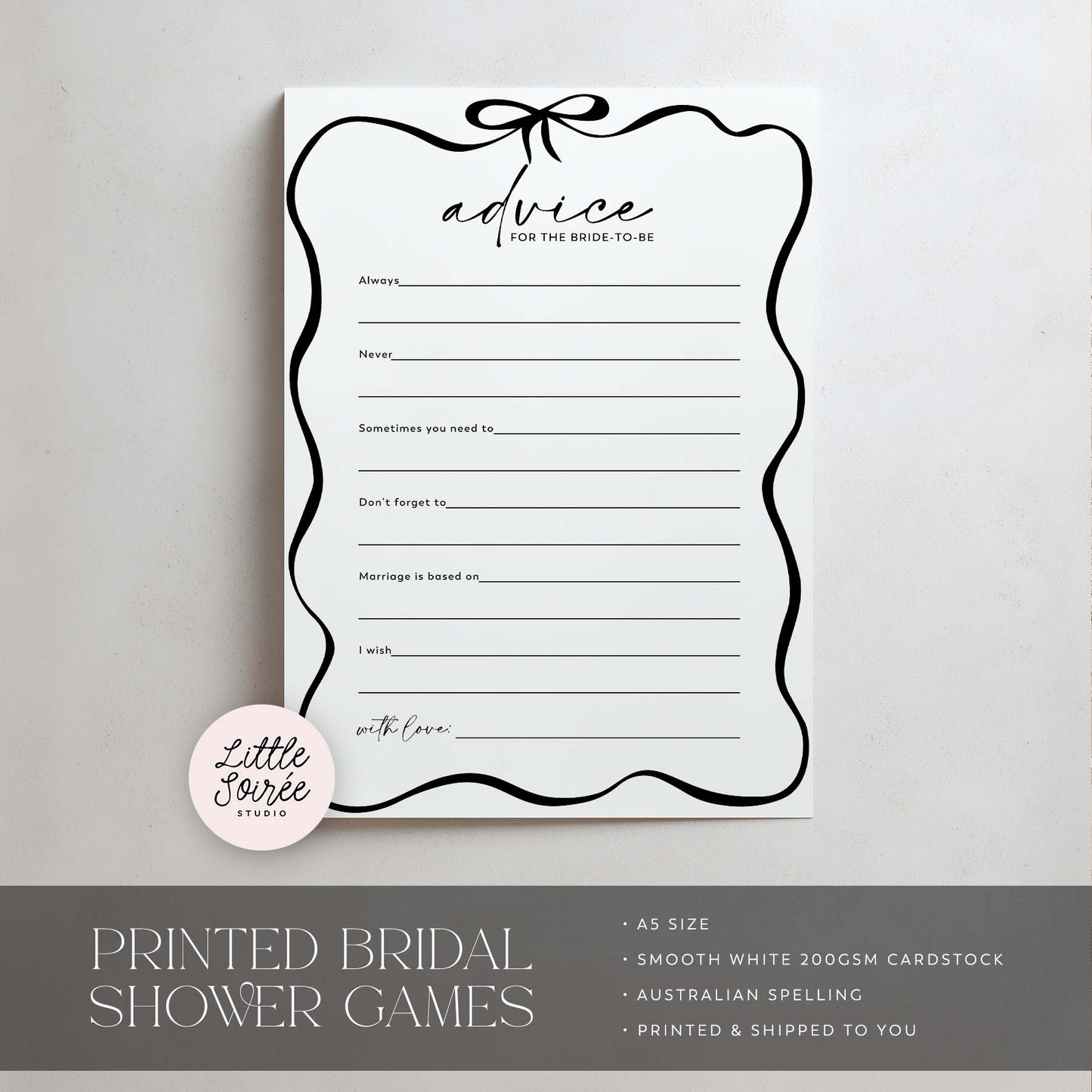 Bridal shower game card with text on a gray background