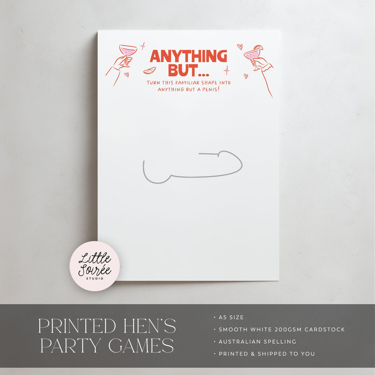 A printed hen's party game card on white cardstock with red decorative text at the top reading 'ANYTHING BUT.