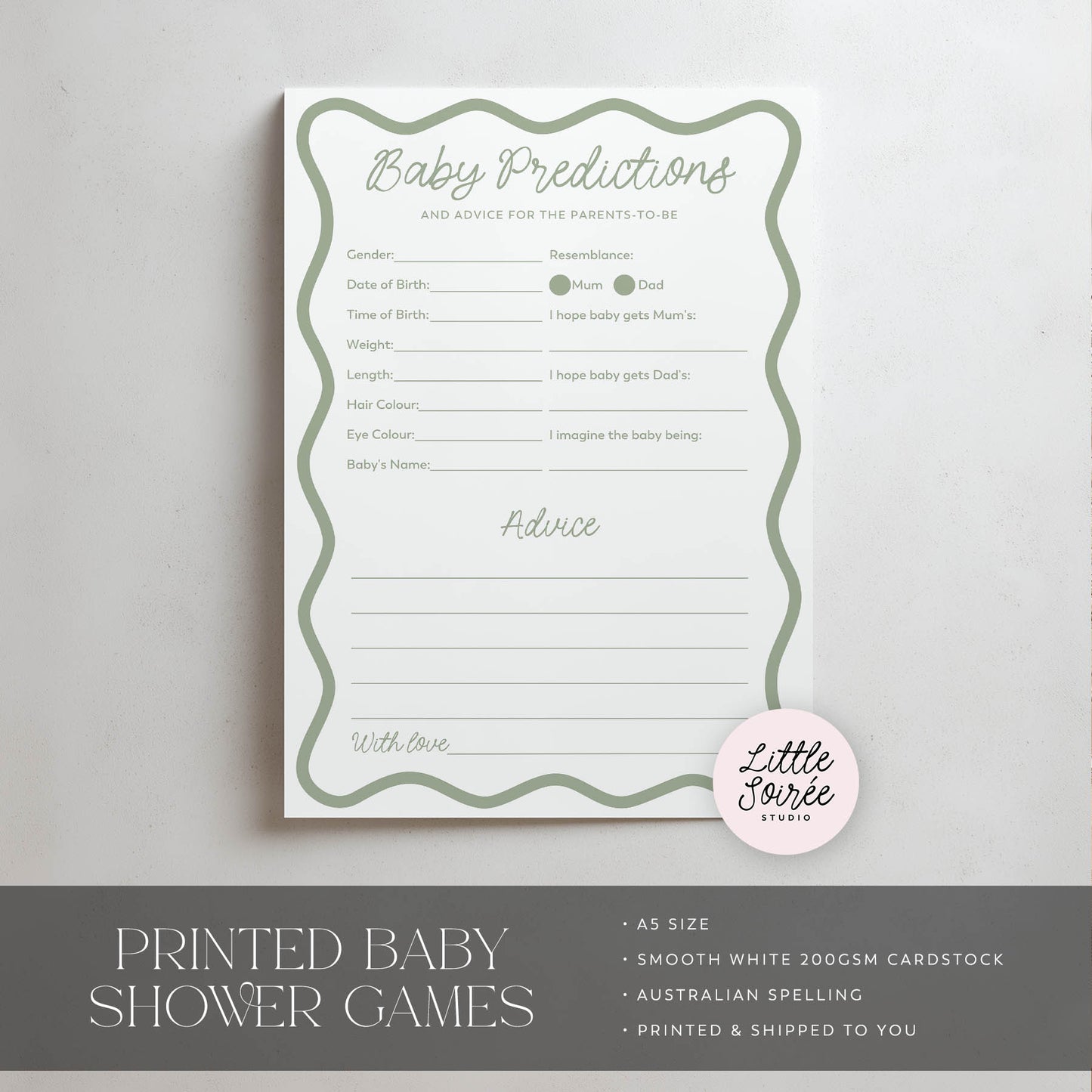 Printed Baby Shower Predictions & Advice Game – Green Wavy | Baby Shower Games Australia