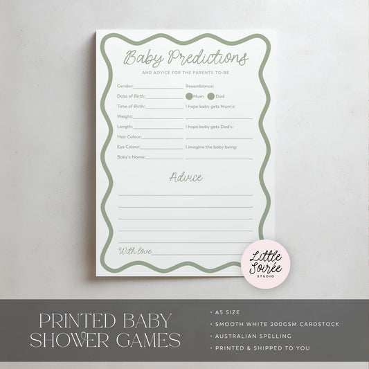 Printed Baby Shower Predictions & Advice Game – Green Wavy | Baby Shower Games Australia