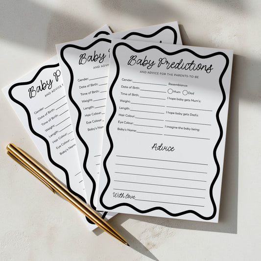 Printed Baby Shower Predictions & Advice Game – Black Wavy | Baby Shower Games Australia