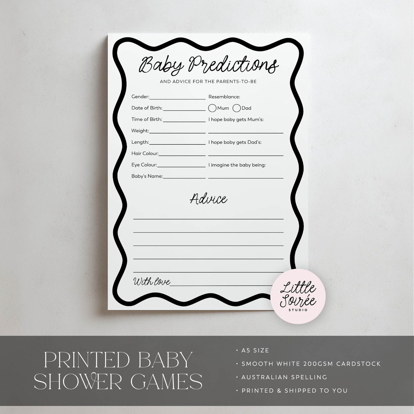 Printed Baby Shower Predictions & Advice Game – Black Wavy | Baby Shower Games Australia