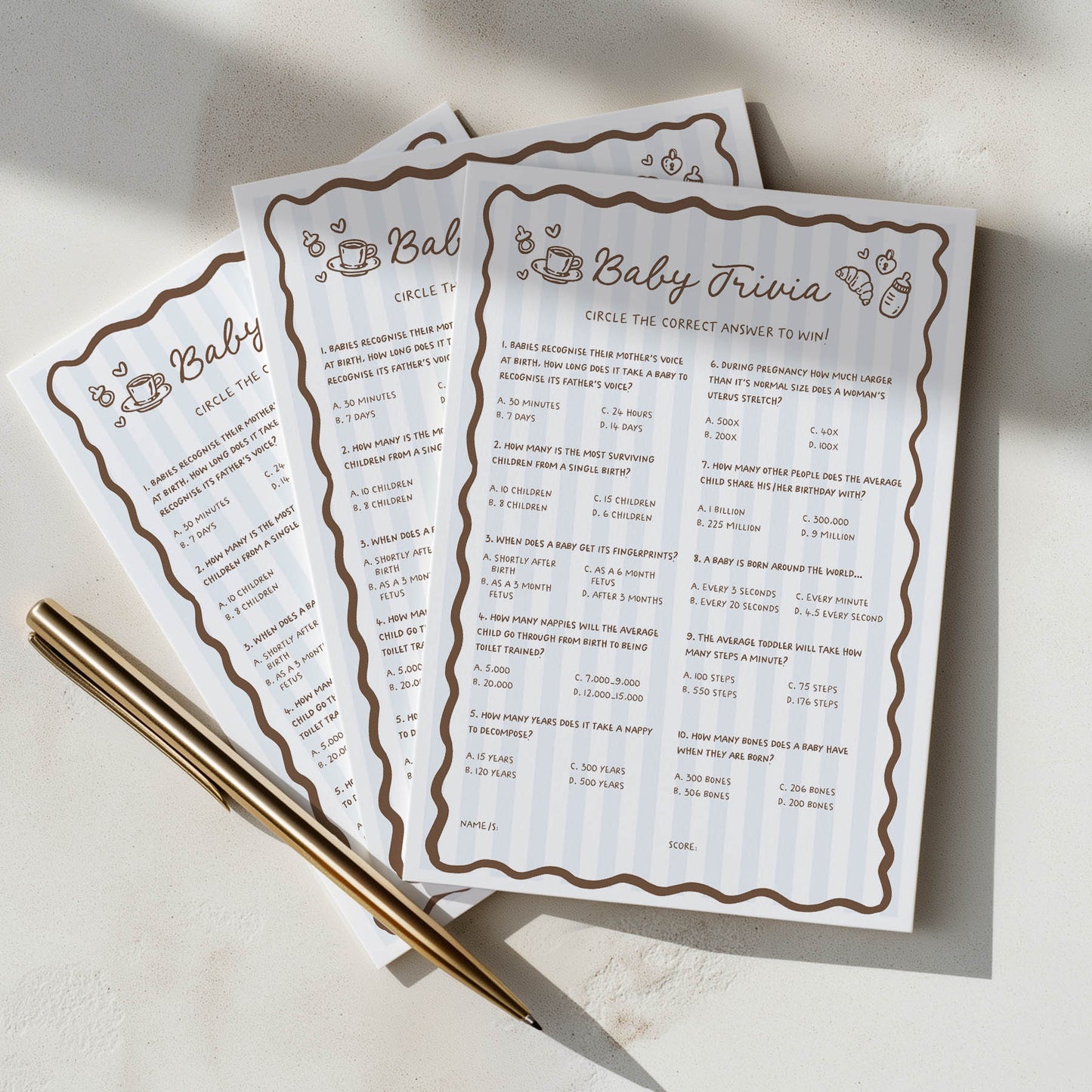Printed Baby Trivia – Cafe Bebe Blue Paris | Baby Shower Games Australia