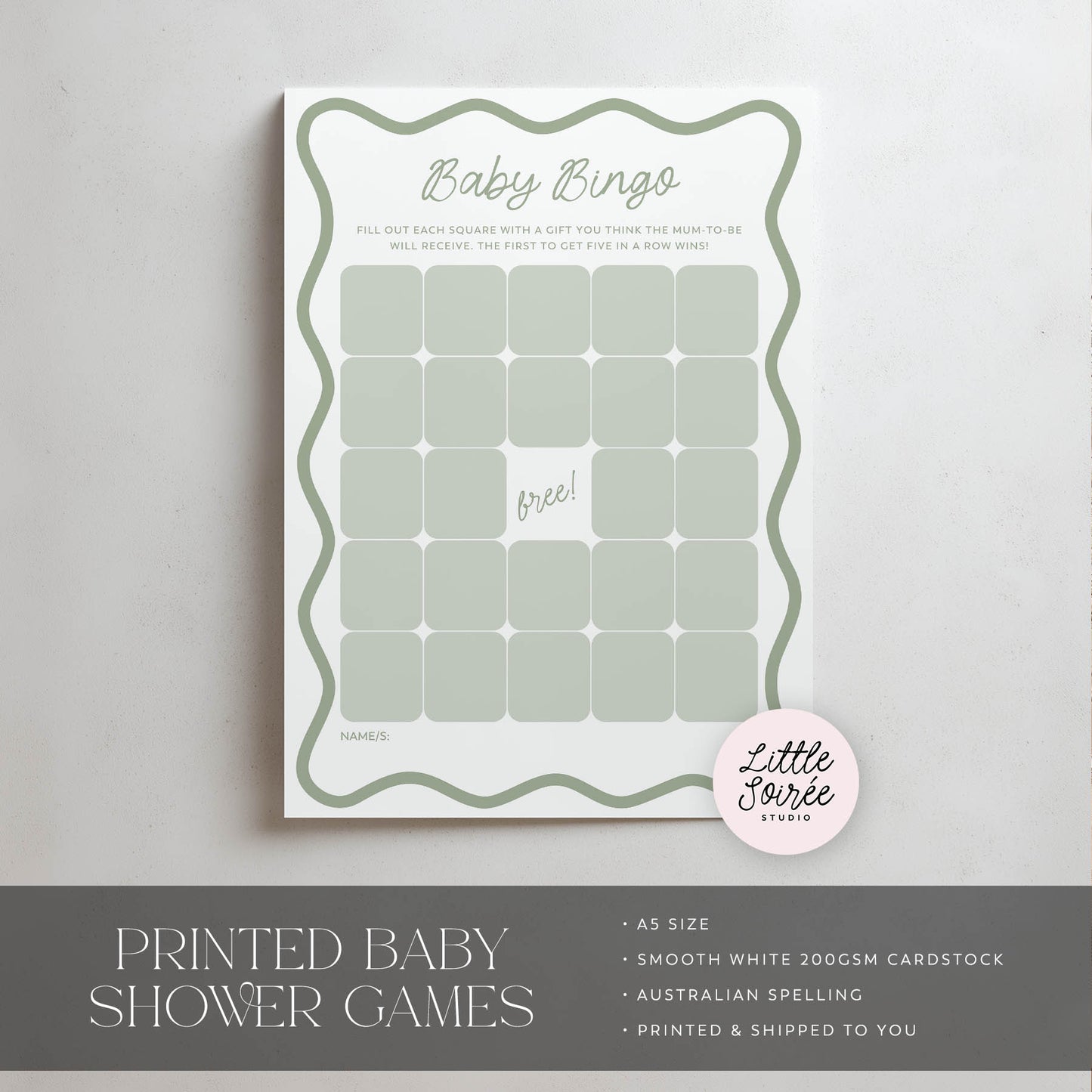Baby shower bingo game card with 'Little Soiree' branding on a light gray background