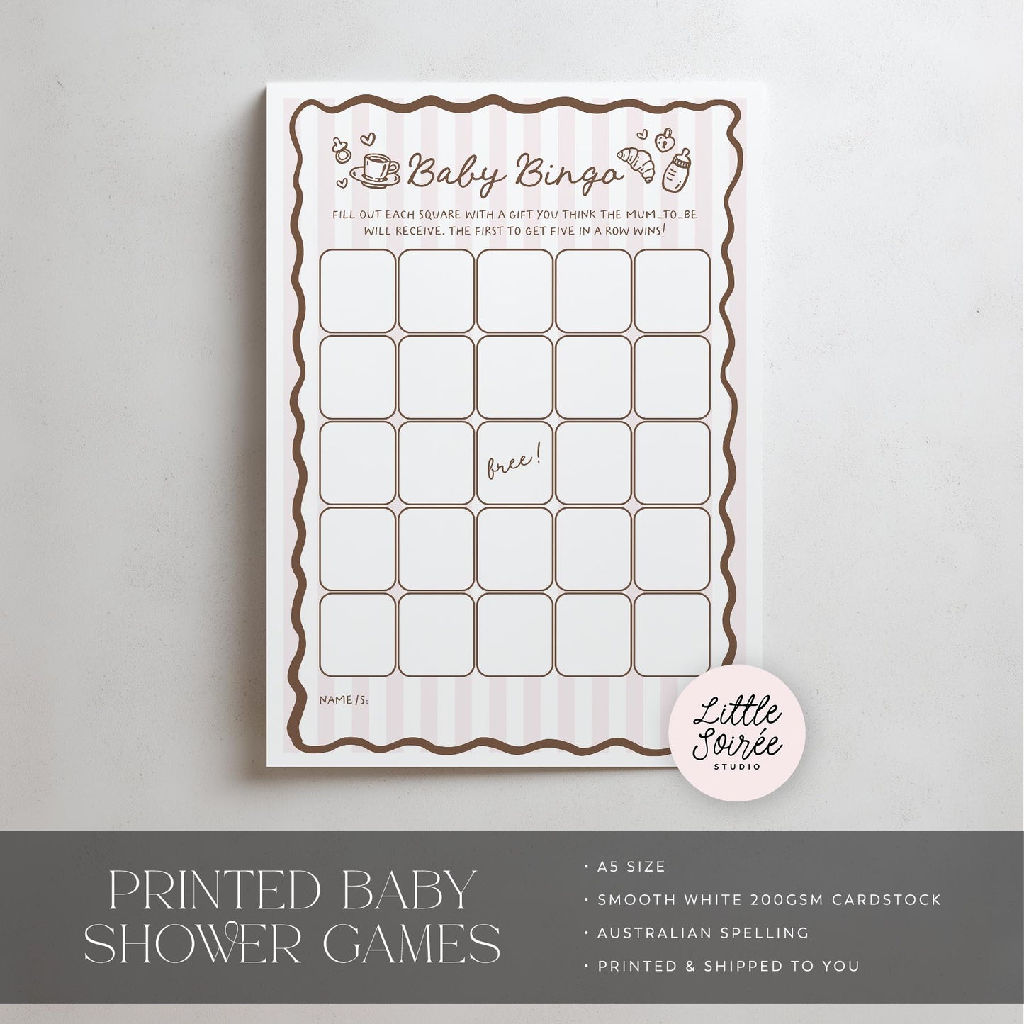 Baby shower bingo card on a light gray background with 'Little Soiree' branding.