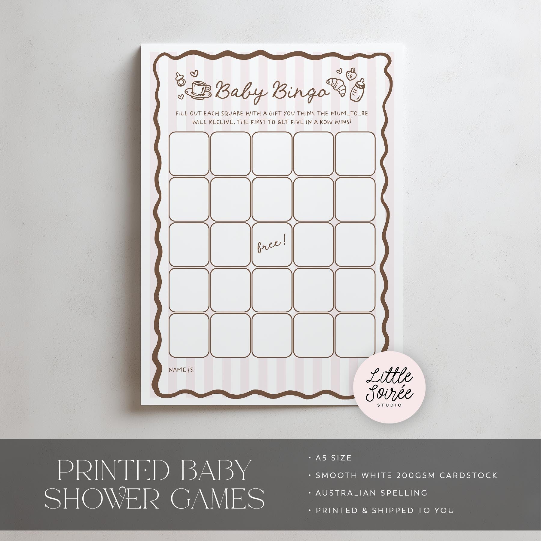 Baby shower bingo card on a light gray background with 'Little Soiree' branding.