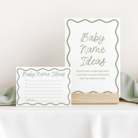 Baby name suggestion cards with green text on a white background