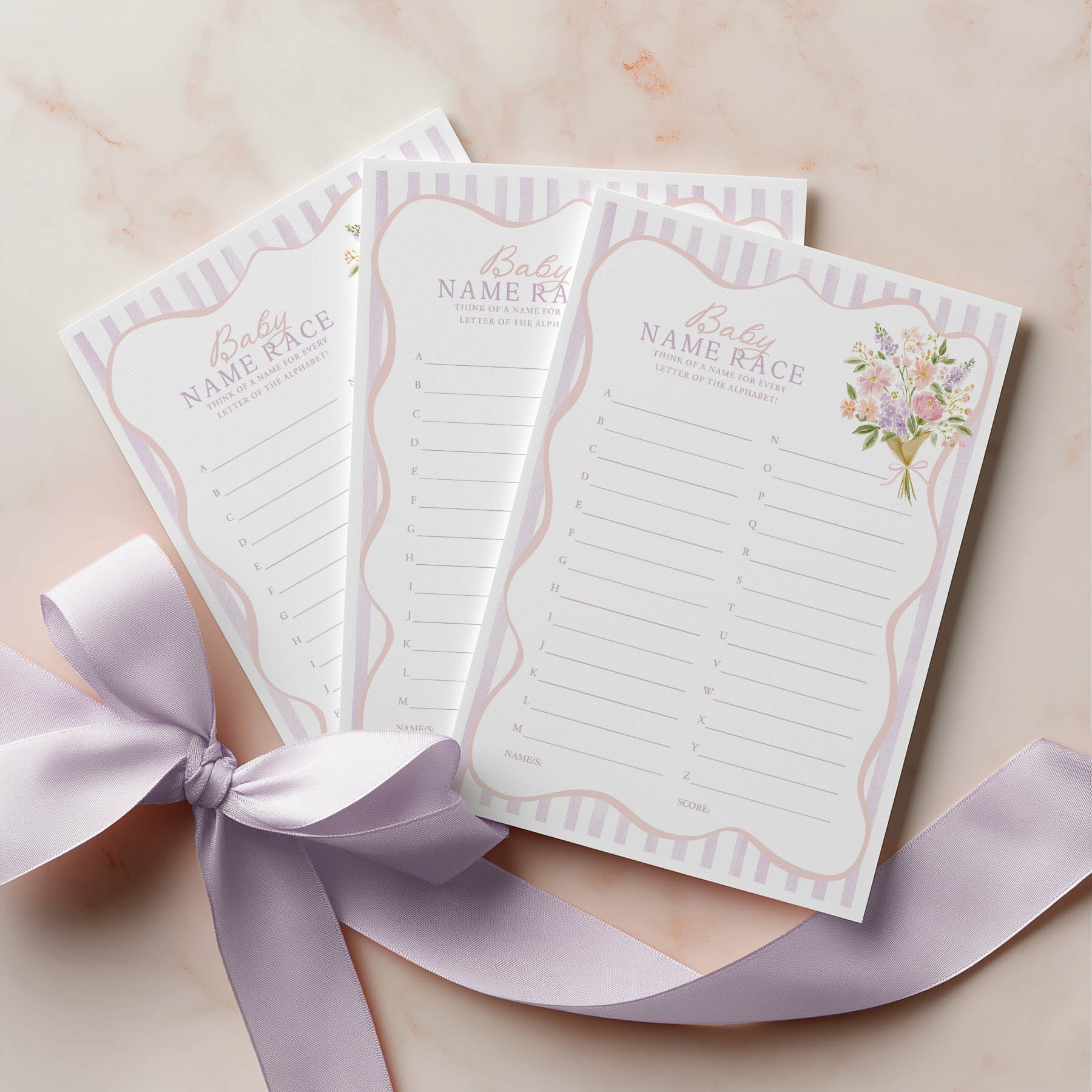 3 Printed baby name race cards in purple and pink with floral bouquet and purple bow 