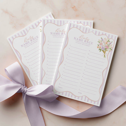 3 Printed baby name race cards in purple and pink with floral bouquet and purple bow 