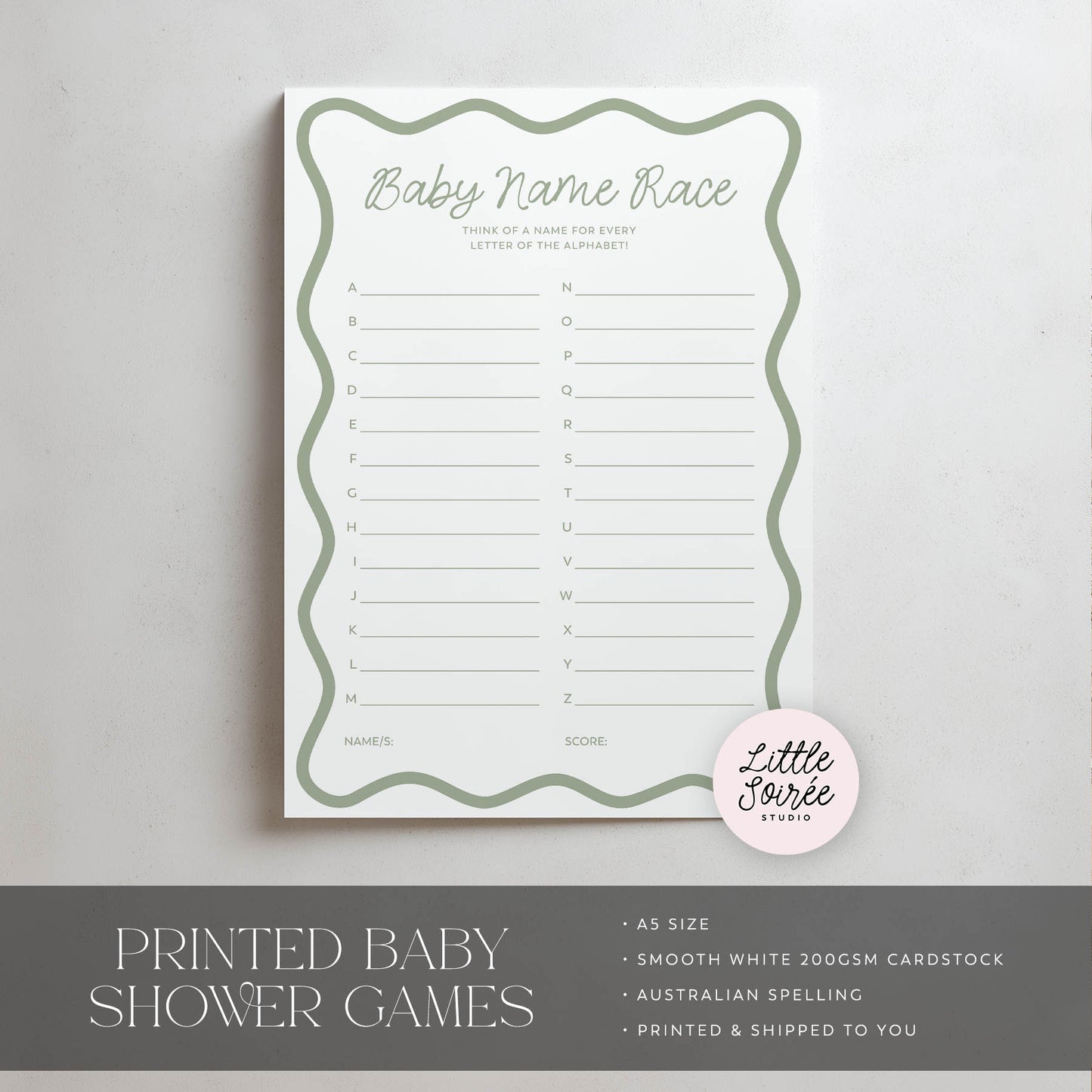 Baby name race game sheet with 'Little Soiree' branding on a light gray background