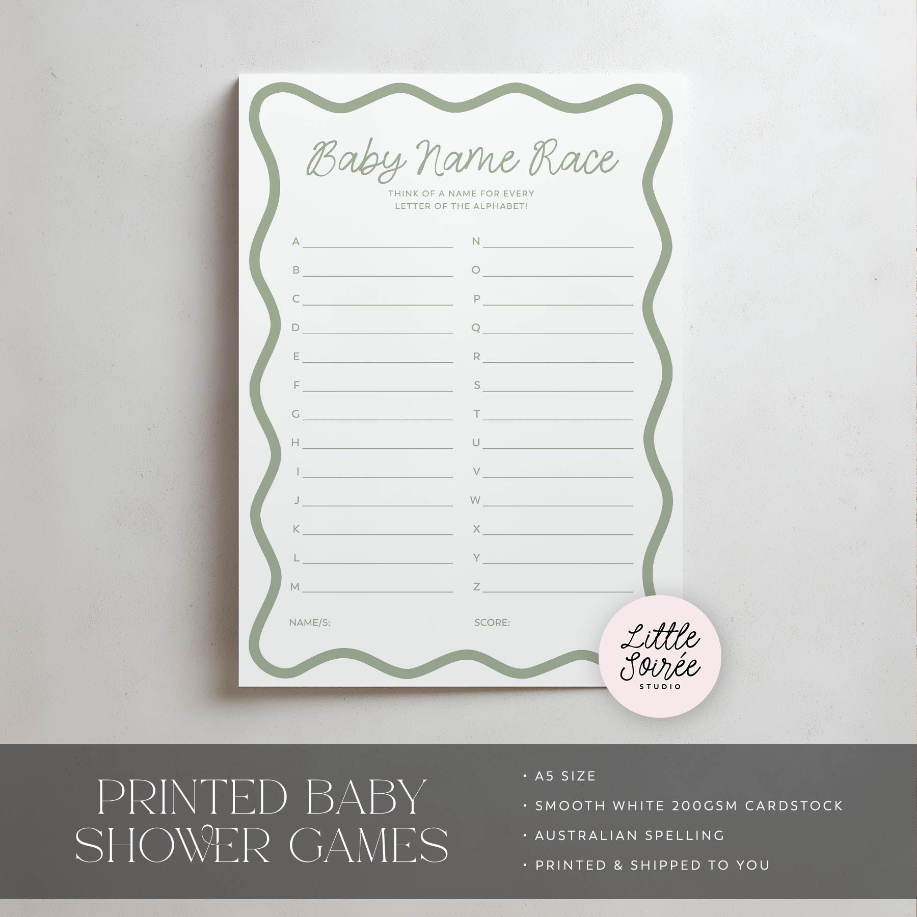 Baby name race game sheet with 'Little Soiree' branding on a light gray background