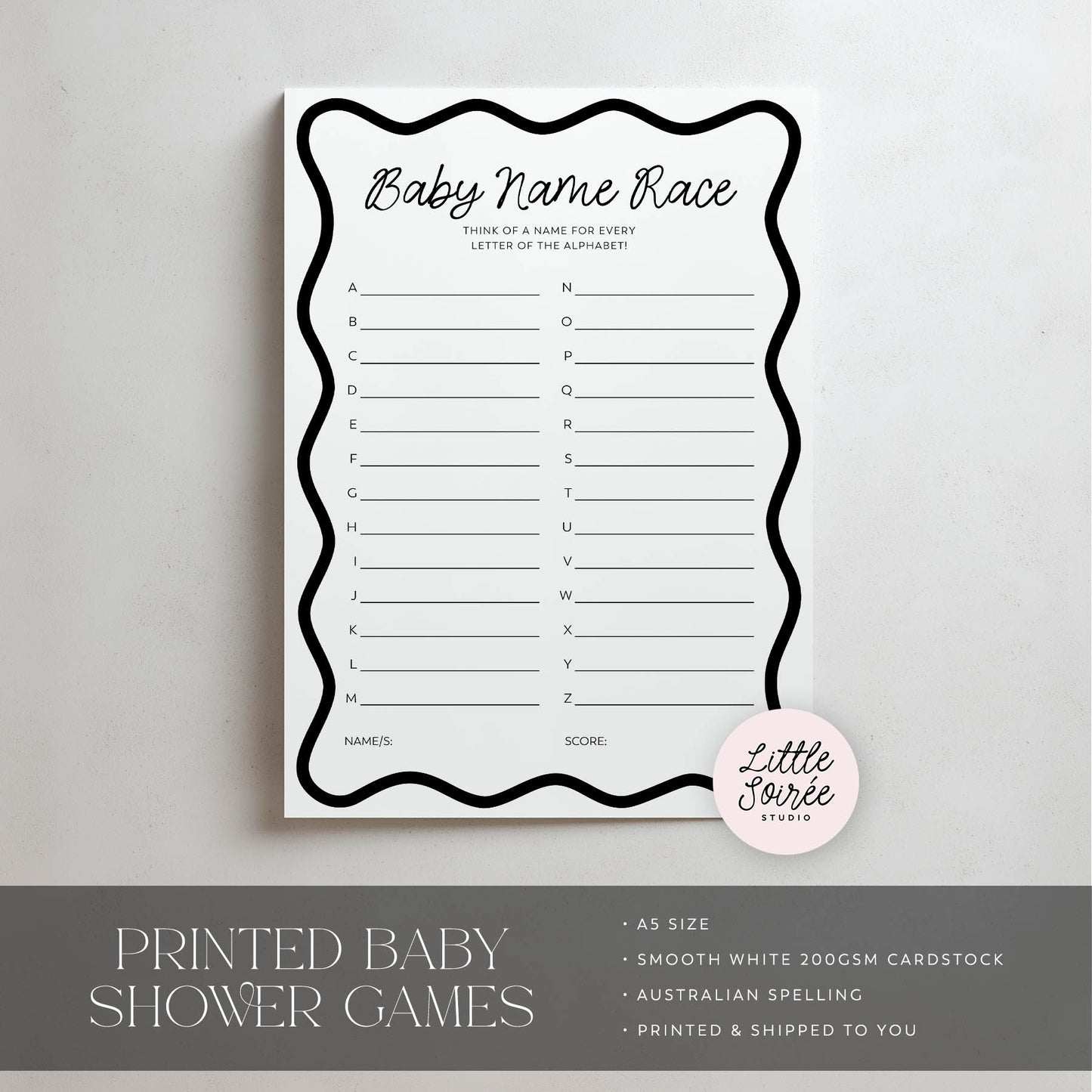 Baby Name Race game sheet for baby showers on a light gray background in modern black wavy design.