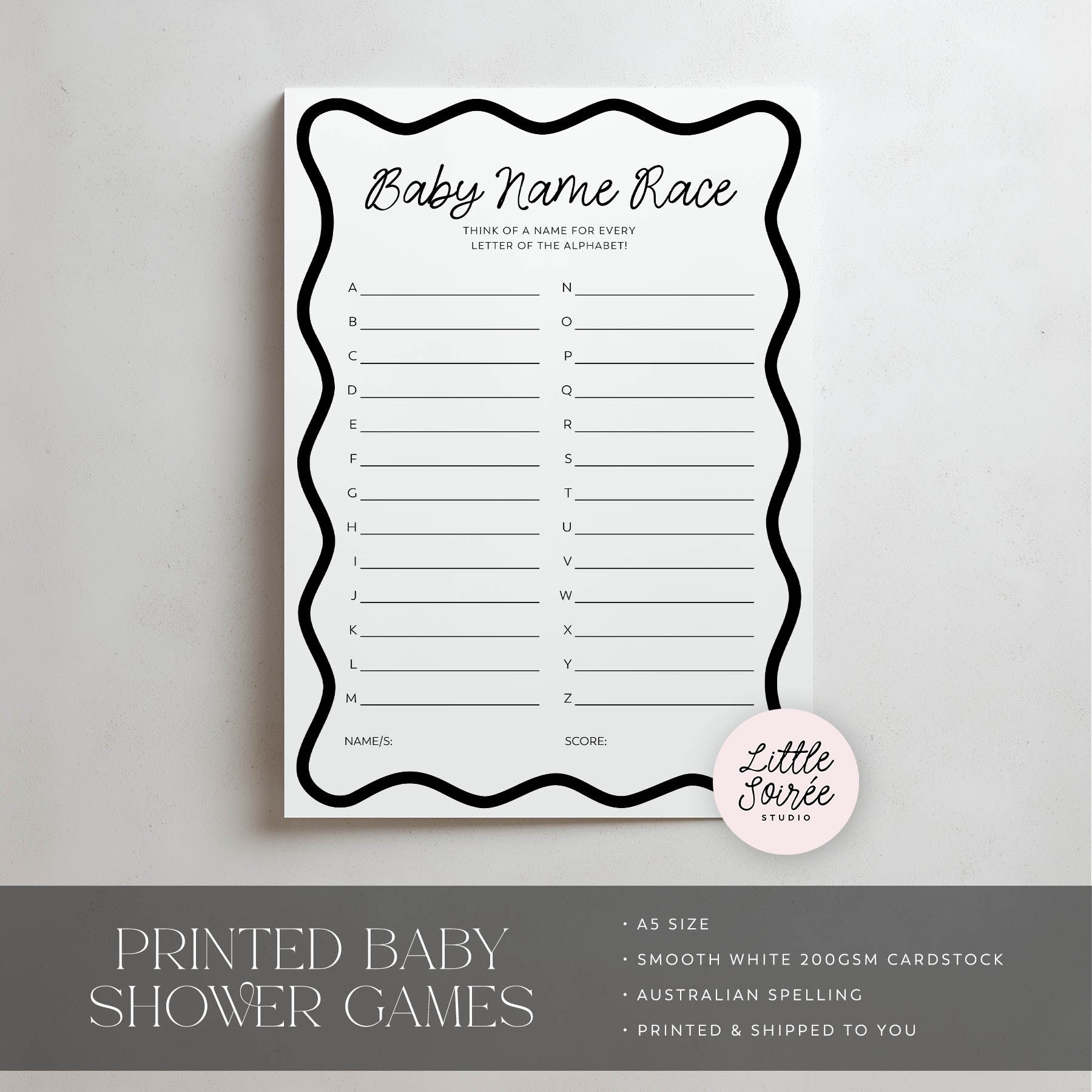 Baby Name Race game sheet for baby showers on a light gray background in modern black wavy design.